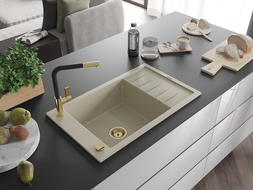 Mexen Elias 1-dalių granito plautuvė su nutekamu ir Flora virtuviniu maišytuvu, smėlio spalvos - 6511-69-670401-57-G