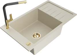 Mexen Elias 1-dalių granito plautuvė su nutekamu ir Flora virtuviniu maišytuvu, smėlio spalvos - 6511-69-670401-57-G