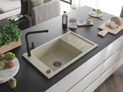 Mexen Elias granito plautuvė su viena kamera ir nusausintoju, su virtuviniu maišytuvu Flora, smėlio - 6511-69-670401-70-B