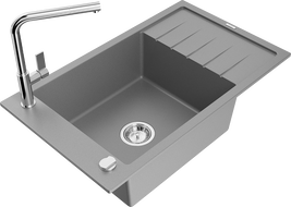 Mexen Elias vienos plautuvės akmeninis plautuvas su nuvarvėjimo padėklu ir virtuvės maišytuvu Flora, pilkas - 6511-71-670401-00