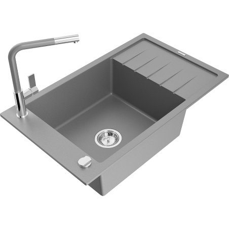 Mexen Elias vienos kameros granito kriauklė su nutekėjimo plokšte ir Flora virtuviniu maišytuvu, pilka - 6511-71-670401-06