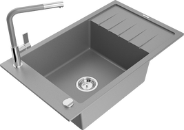 Mexen Elias vienos kameros granito kriauklė su nutekėjimo plokšte ir Flora virtuviniu maišytuvu, pilka - 6511-71-670401-06