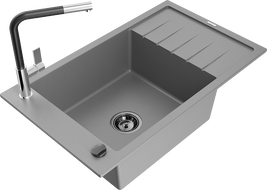 Mexen Elias granito plautuvė su 1 skyriumi ir nutekėjimu bei virtuviniu maišytuvu Flora, pilka - 6511-71-670401-07-B