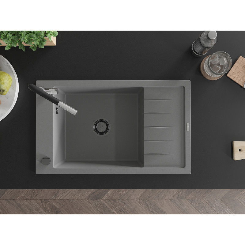Mexen Elias granito plautuvė su 1 skyriumi ir nutekėjimu bei virtuviniu maišytuvu Flora, pilka - 6511-71-670401-07-B