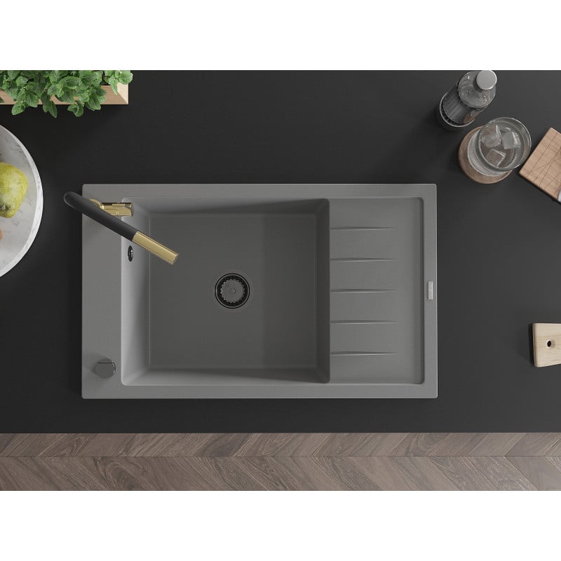 Mexen Elias granitinė vienos kameros kriauklė su nutekėjimu ir Flora virtuviniu maišytuvu, pilka - 6511-71-670401-57-B