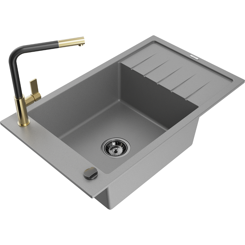 Mexen Elias granitinė vienos kameros kriauklė su nutekėjimu ir Flora virtuviniu maišytuvu, pilka - 6511-71-670401-57-B