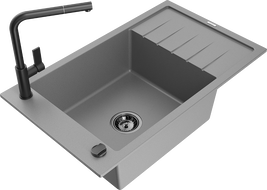 Mexen Elias granitinė vienos kameros plautuvė su nusausintuvu ir virtuviniu maišytuvu Flora, pilka - 6511-71-670401-70-B