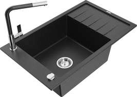 Mexen Elias granitinė viena atskirų sekcijų plautuvė su nuvarvėjimo plokštuma ir virtuvės maišytuvu Flora,