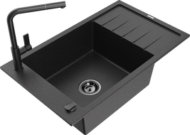 Mexen Elias granitinė vienos plautuvės virtuvės kriauklė su nusausinimo paviršiumi ir Flora maišytuvu, juoda/sidabro