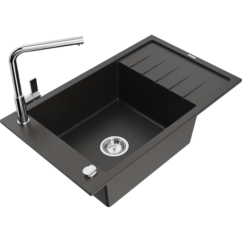 Mexen Elias vienos kameros granitinė virtuvės plautuvė su nusausintuvu ir Flora virtuvės maišytuvu, juoda/auksinis