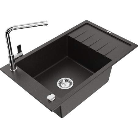 Mexen Elias vienos kameros granitinė virtuvės plautuvė su nusausintuvu ir Flora virtuvės maišytuvu, juoda/auksinis