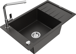 Mexen Elias vienos kameros granitinė virtuvės plautuvė su nusausintuvu ir Flora virtuvės maišytuvu, juoda/auksinis