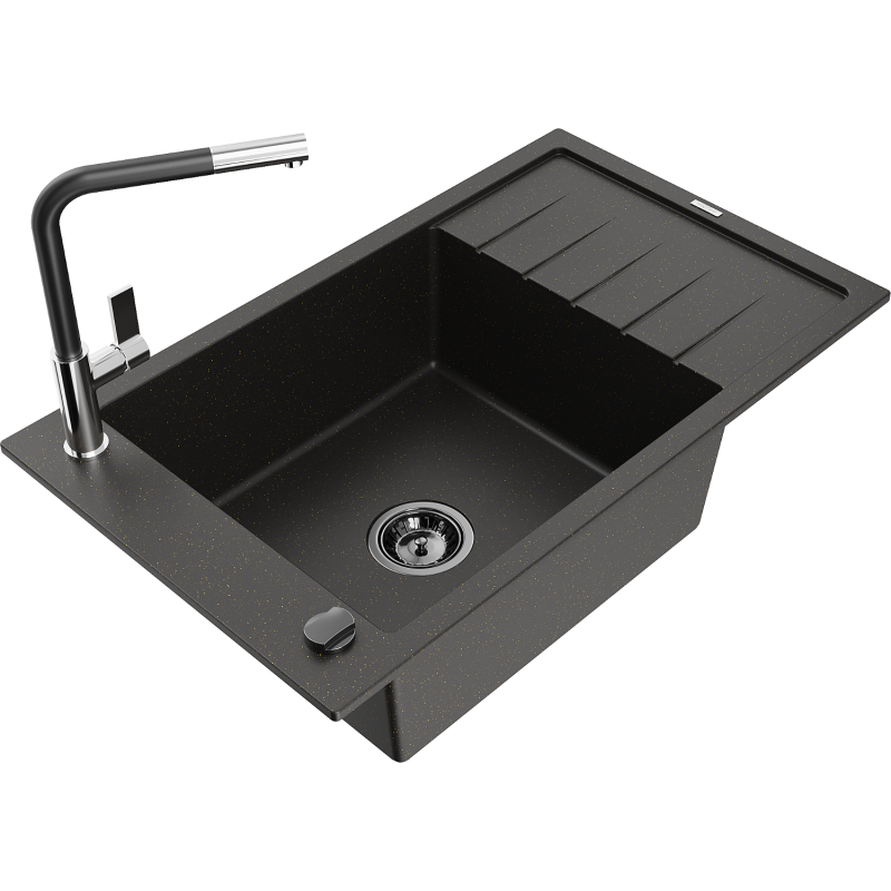 Mexen Elias granitinė 1 kamerų plautuvė su nusausinimo lentyna ir virtuviniu maišytuvu Flora, juoda/aukso metallic