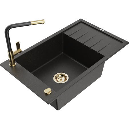 Mexen Elias 1 kamerų granito plautuvė su nutekėjimo vieta ir Flora virtuvės maišytuvu, juoda/auksinė metalo spalva