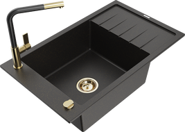 Mexen Elias 1 kamerų granito plautuvė su nutekėjimo vieta ir Flora virtuvės maišytuvu, juoda/auksinė metalo spalva