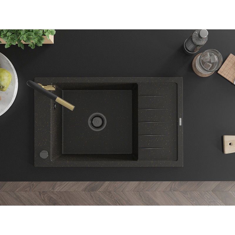Mexen Elias granitinė vienos kameros kriauklė su drenažu ir virtuviniu maišytuvu Flora, juoda/auksinis metalikas