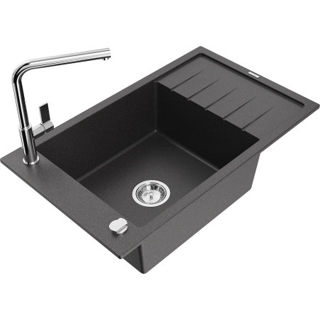 Mexen Elias vientisas granito plautuvas su nutekėjimu ir virtuviniu maišytuvu Flora, juodas taškuotas - 6511-76-670401-00
