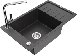 Mexen Elias vientisas granito plautuvas su nutekėjimu ir virtuviniu maišytuvu Flora, juodas taškuotas - 6511-76-670401-00