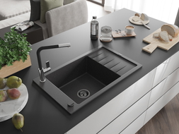Mexen Elias Vienos kameros granitinis plautuvas su nusausinimu ir Flora virtuviniu maišytuvu, juodas su taškeliais
