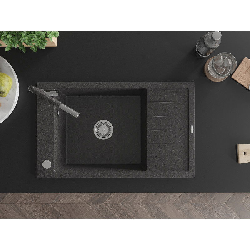 Mexen Elias granitinė vienos kameros plautuvė su drenažu ir virtuviniu maišytuvu Flora, juoda su taškučiais