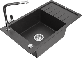 Mexen Elias granitinė vienos kameros plautuvė su drenažu ir virtuviniu maišytuvu Flora, juoda su taškučiais