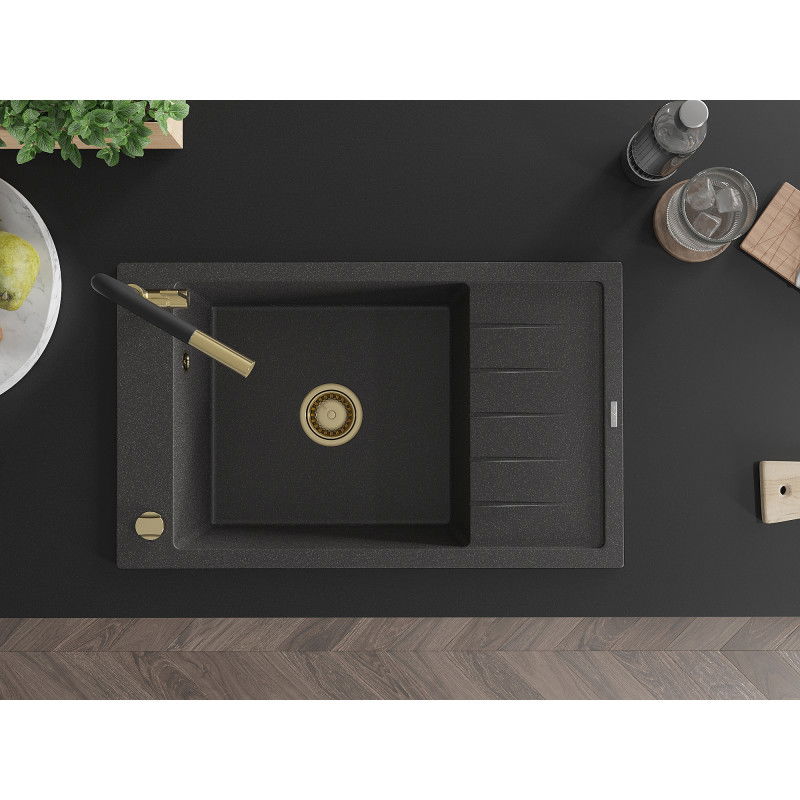 Mexen Elias granito plautuvė su 1 skyriumi, su drenažu ir virtuvės maišytuvu Flora, juoda su taškeliais - 6511-76-670401-57-G