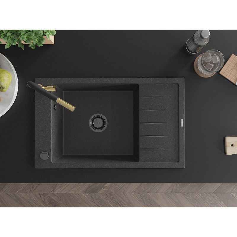 Mexen Elias granito kriauklė 1 skyrius su nusausinimu ir Flora virtuvės maišytuvu, juodas dėmėtas - 6511-76-670401-57-B