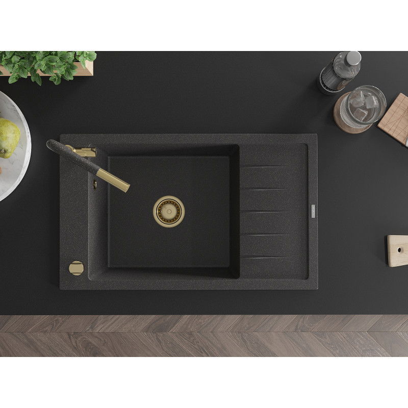 Mexen Elias Granitinė Vienos Kameros Kriauklė su Džiovykla ir Virtuviniu Maišytuvu Flora, Juoda Dėmėta - 6511-76-670401-75-G