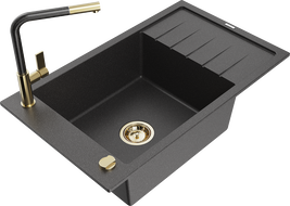 Mexen Elias Granitinė Vienos Kameros Kriauklė su Džiovykla ir Virtuviniu Maišytuvu Flora, Juoda Dėmėta - 6511-76-670401-75-G