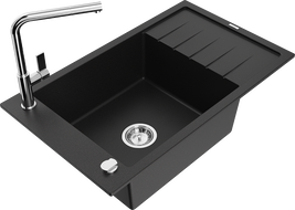 Mexen Elias granitinis virtuvės kriauklė su 1 skyriumi ir drenažu bei Flora virtuvės maišytuvu, juodas - 6511-77-670401-00