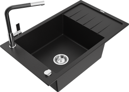 Mexen Elias vienos komoros granitinė plautuvė su nutekėjimu ir Flora virtuvės maišytuvu, juoda - 6511-77-670401-07
