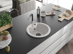 Mexen Diego granito plautuvė 1-komorė su Flora virtuviniu maišytuvu, balta - 6512-20-670401-07-B