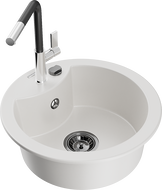 Mexen Diego granito plautuvė 1-komorė su Flora virtuviniu maišytuvu, balta - 6512-20-670401-07-B