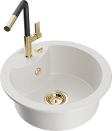 Mexen Diego granitinė vienos kameros kriauklė su virtuviniu maišytuvu Flora, balta - 6512-20-670401-57-G