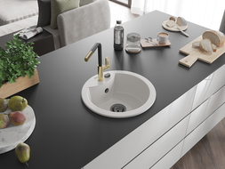 Mexen Diego granitinė vieno dubens kriauklė su Flora virtuvės maišytuvu, balta - 6512-20-670401-57-B