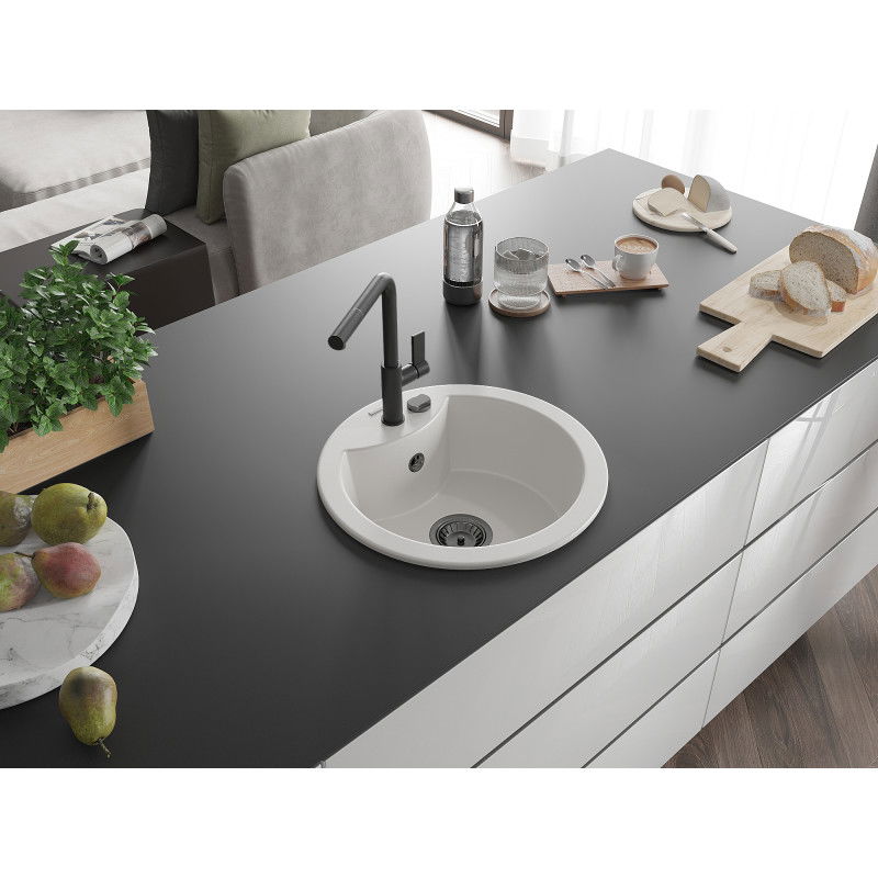 Mexen Diego granito plautuvė su vienu dubeniu ir Flora virtuviniu maišytuvu, balta - 6512-20-670401-70-B