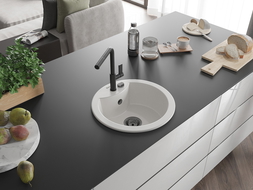 Mexen Diego granito plautuvė su vienu dubeniu ir Flora virtuviniu maišytuvu, balta - 6512-20-670401-70-B