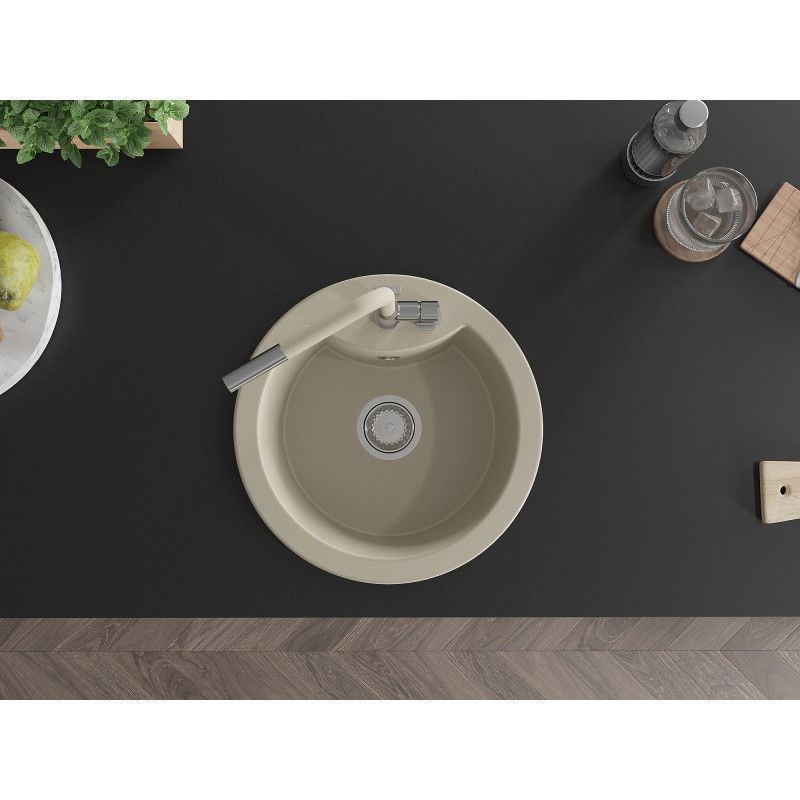 Mexen Diego granitinis 1 kameros virtuvės kriauklė su Flora maišytuvu, smėlio spalvos - 6512-69-670401-09