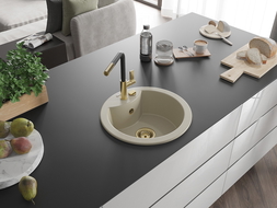 Mexen Diego granitinis vienos kameros virtuvės kriauklė su Flora maišytuvu, smėlio spalvos - 6512-69-670401-57-G