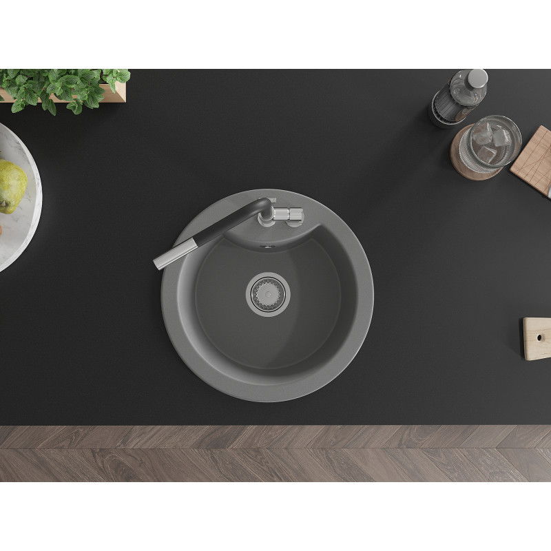 Mexen Diego granitinė plautuvė su vienu dubeniu ir virtuviniu maišytuvu Flora, pilka - 6512-71-670401-07