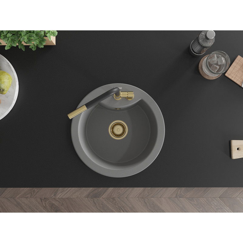 Mexen Diego vienos kriauklės iš granito plautuvė su Flora virtuviniu maišytuvu, pilka - 6512-71-670401-57-G