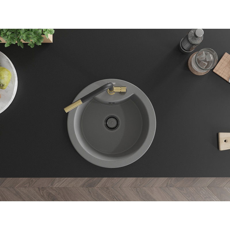 Mexen Diego vienos kameros granitinis plautuvė su virtuviniu maišytuvu Flora, pilkas - 6512-71-670401-57-B