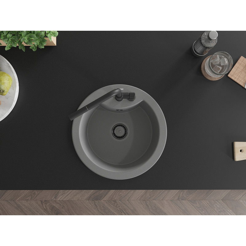 Mexen Diego vienos kameros granito virtuvės kriauklė su Flora virtuviniu maišytuvu, pilka - 6512-71-670401-70-B