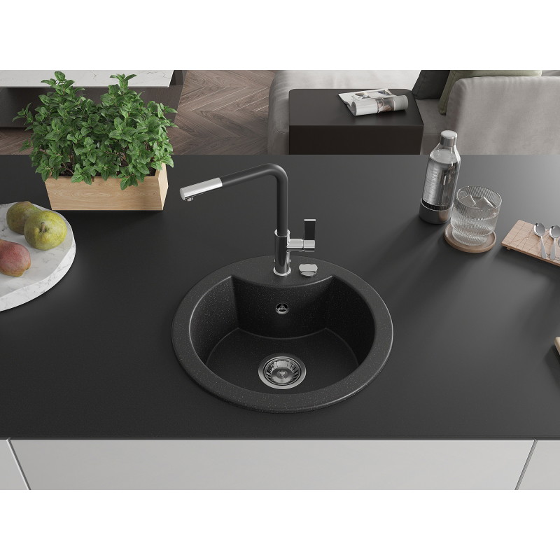 Mexen Diego 1 kamerų granitinė plautuvė su Flora virtuvės maišytuvu, juoda/sidabrinė metalo spalva - 6512-73-670401-07