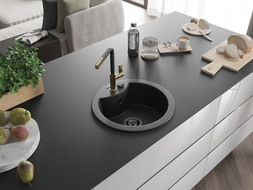 Mexen Diego vienos plokštumos granitinis kriauklė su Flora virtuvės maišytuvu, juodas/sidabro metallic - 6512-73-670401-57-B