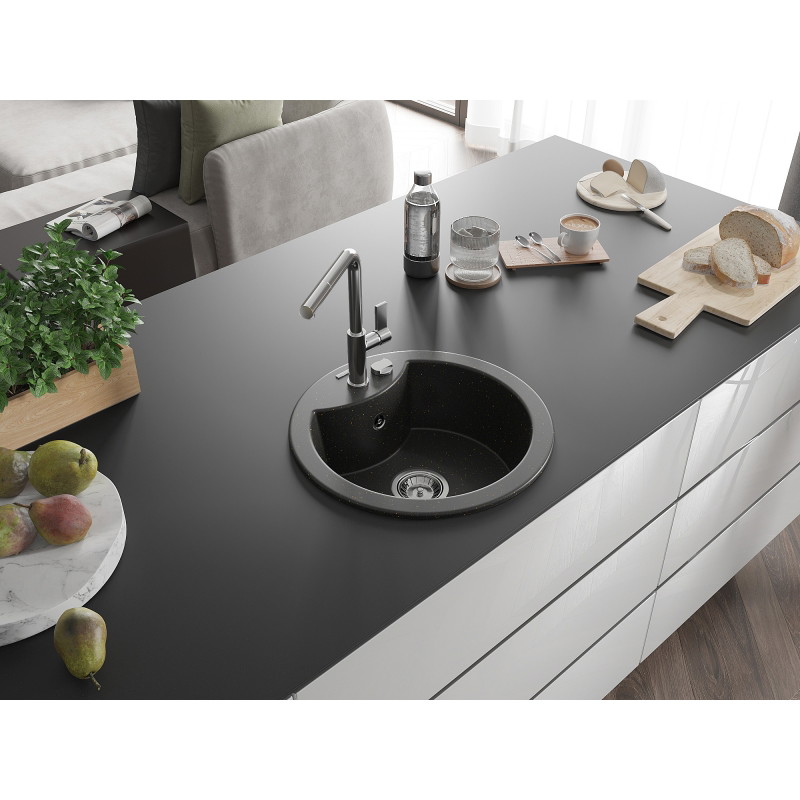 Mexen Diego granitinė vieno kameros plautuvė su Flora virtuviniu maišytuvu, juoda/auksinis metalikas - 6512-75-670401-00