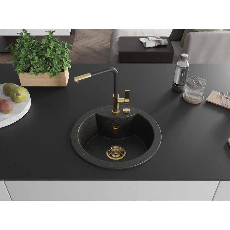 Mexen Diego 1 skyrelio granito plautuvė su Flora virtuviniu maišytuvu, juoda/auksinė metalika - 6512-75-670401-57-G