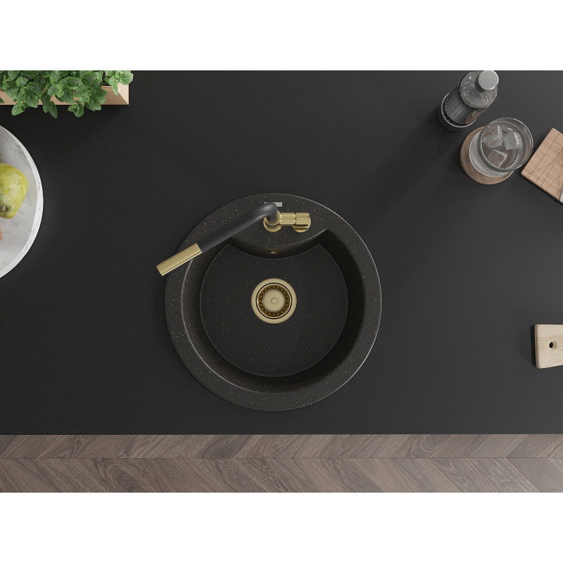 Mexen Diego granito plautuvė 1-komorų su Flora virtuviniu maišytuvu, juoda/auksinė metalik - 6512-75-670401-57-G