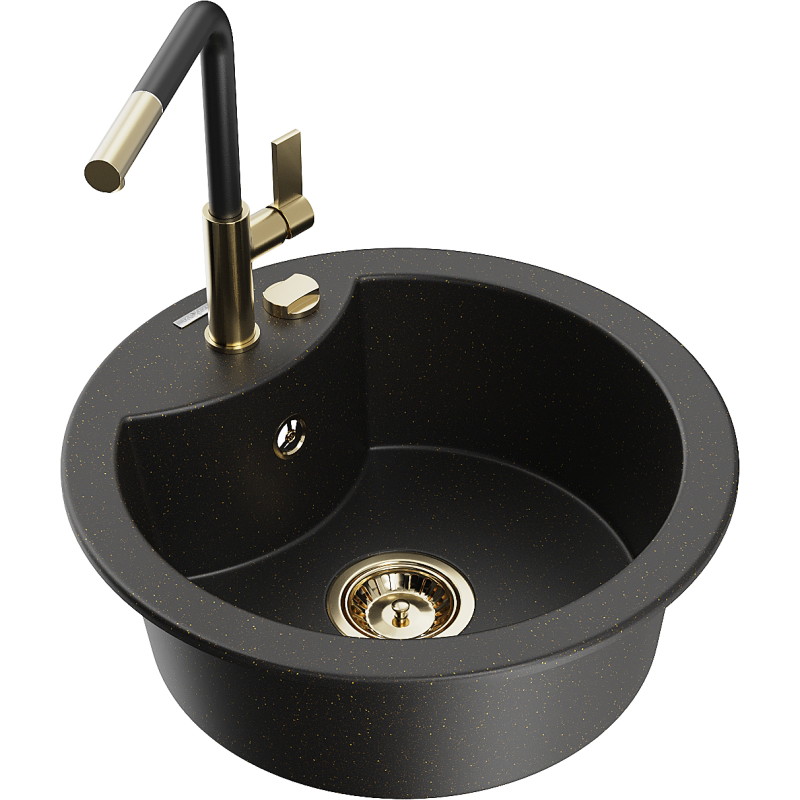 Mexen Diego 1 skyrelio granito plautuvė su Flora virtuviniu maišytuvu, juoda/auksinė metalika - 6512-75-670401-57-G