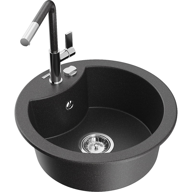 Mexen Diego 1-komorinis granitinis plautuvas su Flora virtuviniu čiaupu, juodas taškuotas - 6512-76-670401-08
